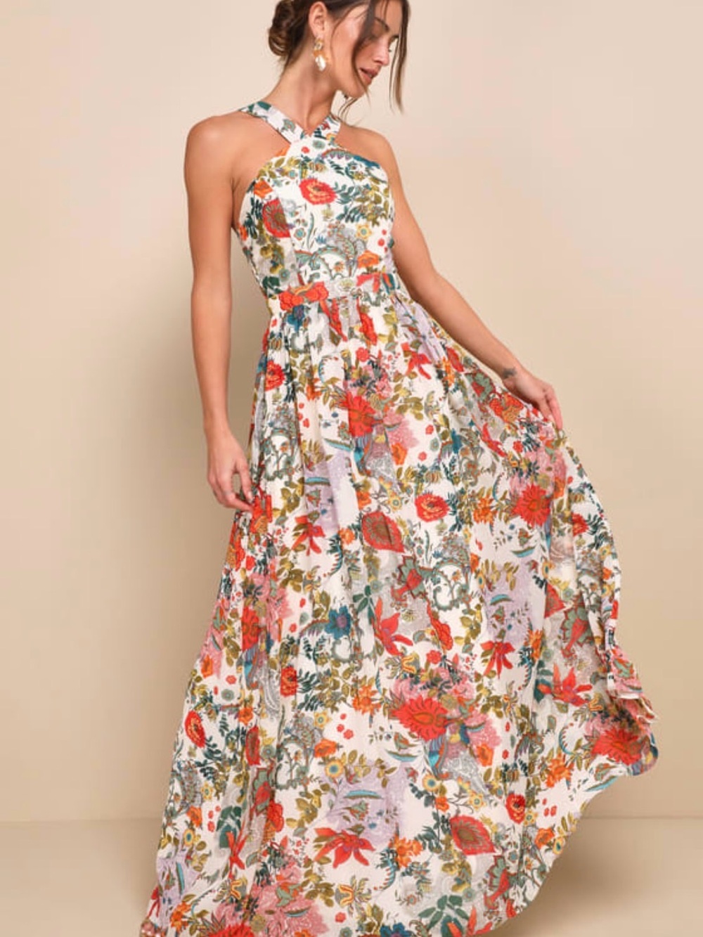 Lulus Lilja Cream Floral Print Maxi Dress size medium boho whimsy - Picture 1 of 11